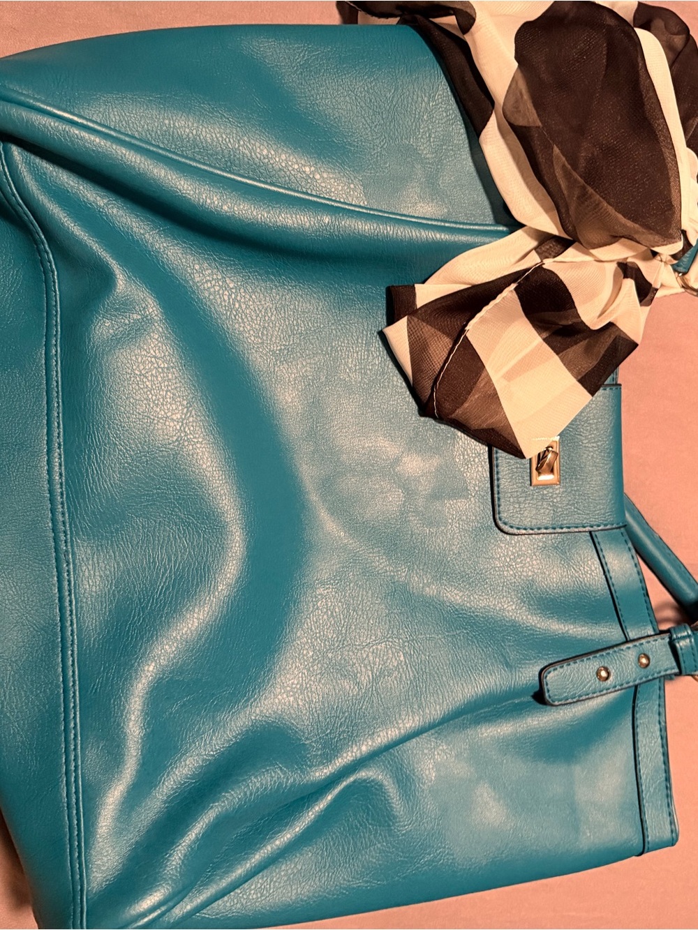 Turquoise Leather Tote with Scarf Accent makeup bag and umbrella!